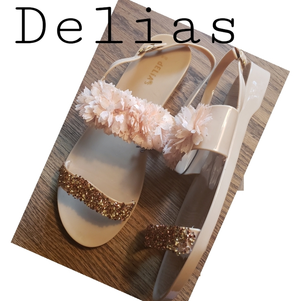 Delias tan jelly sparkle/ floral sandals. Sz 10